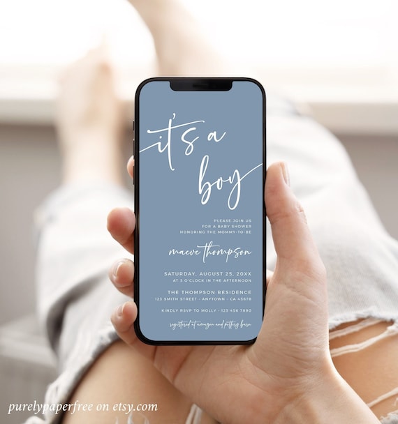 Boy Baby Shower Electronic Invitation, Baby Shower Invite Digital, Dusty Blue Modern Shower Evite, iphone Invitation Template Editable, 02B