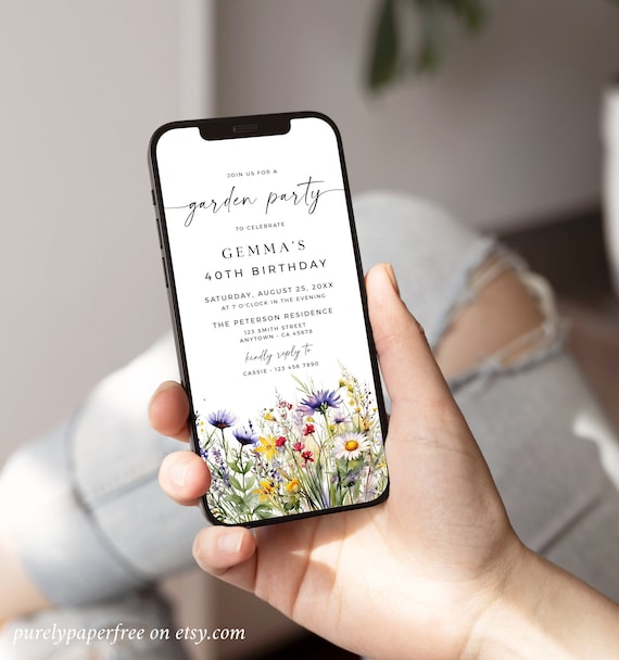 Digital Garden Party Invitation, Electronic Wildflower Birthday Invitation, Woman 40th Birthday Evite, Floral Invite Template, Editable, 26A
