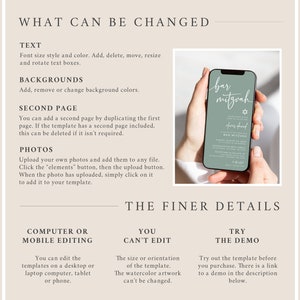 May include: A smartphone displays a Bar Mitzvah invitation with text in white on a sage green background. The phone is held by a person. The image is surrounded by text describing what can be changed and the finer details of the template.