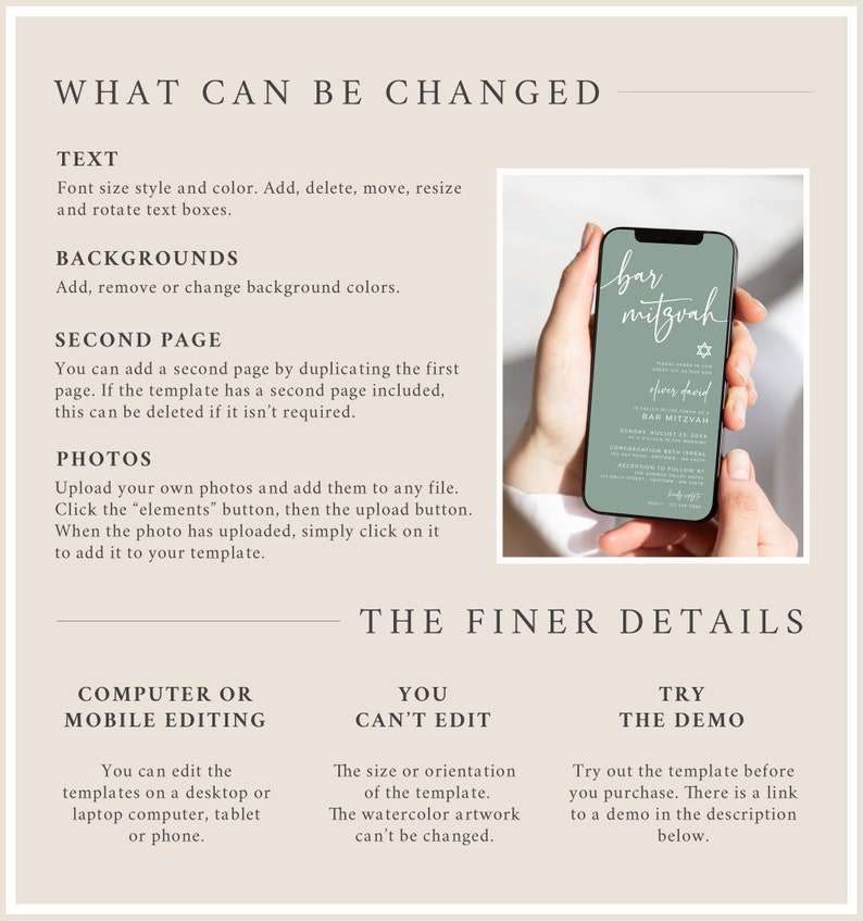 May include: A smartphone displays a Bar Mitzvah invitation with text in white on a sage green background. The phone is held by a person. The image is surrounded by text describing what can be changed and the finer details of the template.