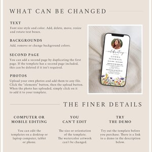 May include: A customizable digital template for a memorial service announcement. The template features a floral design with a photo of a woman in a white dress. The text on the template reads "celebrating the life of GEMMA PETERSON 08.21.1989 - 08.22.2023 Service to be held on [date] at [time] [location] Reception to follow at [location]"