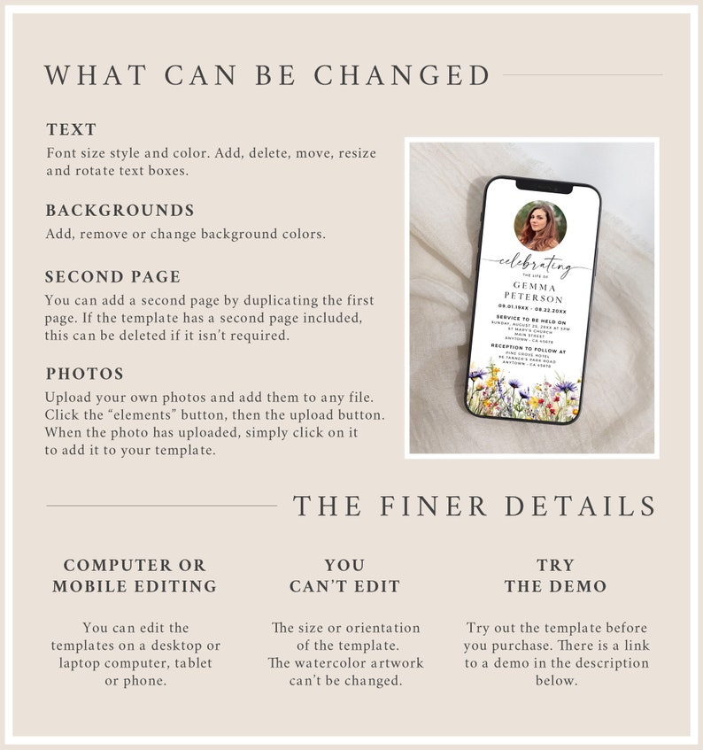 May include: A customizable digital template for a memorial service announcement. The template features a floral design with a photo of a woman in a white dress. The text on the template reads "celebrating the life of GEMMA PETERSON 08.21.1989 - 08.22.2023 Service to be held on [date] at [time] [location] Reception to follow at [location]"