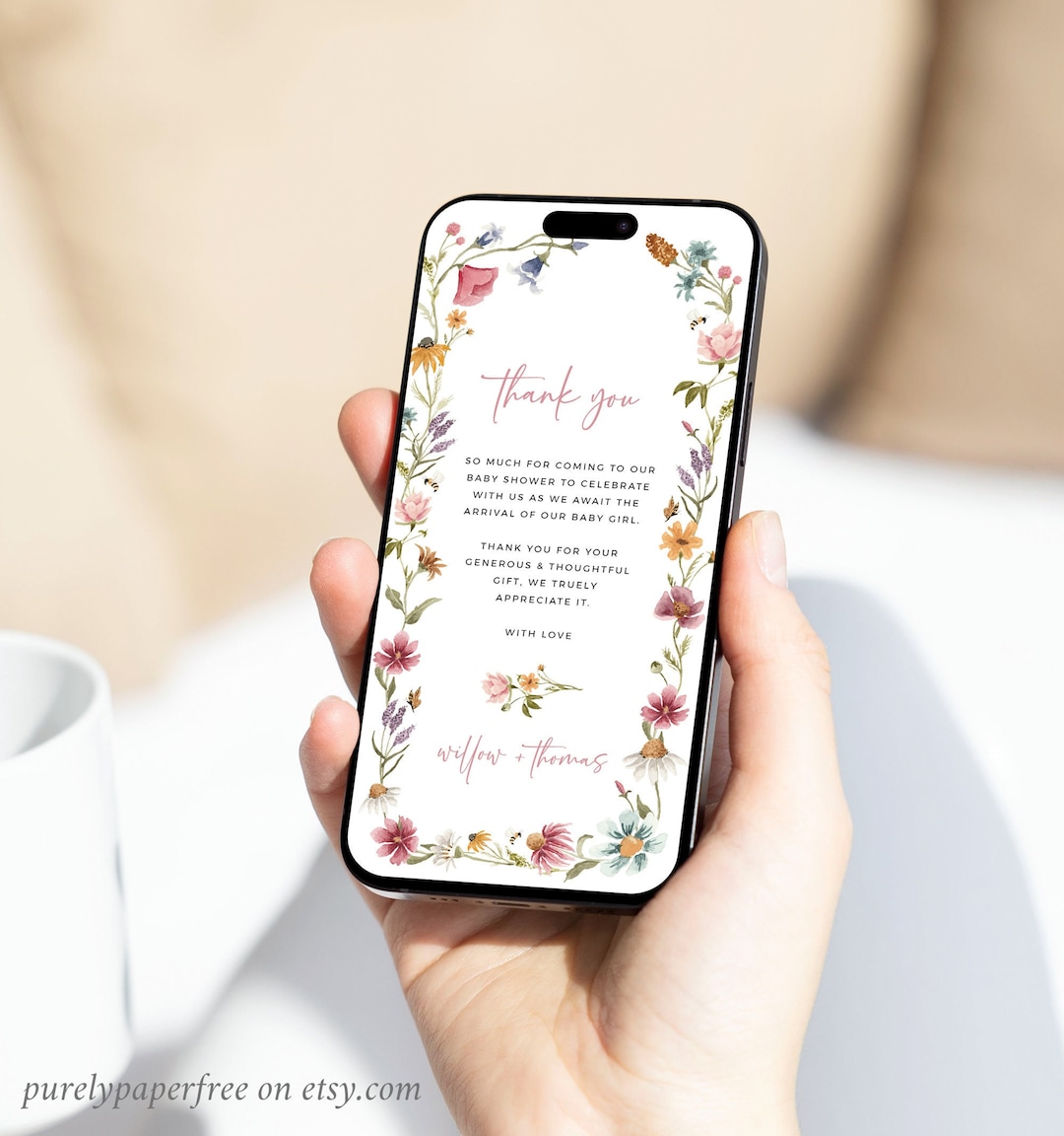 Wildflower Baby Shower Thank You Card Electronic Thank You Note Girl ...