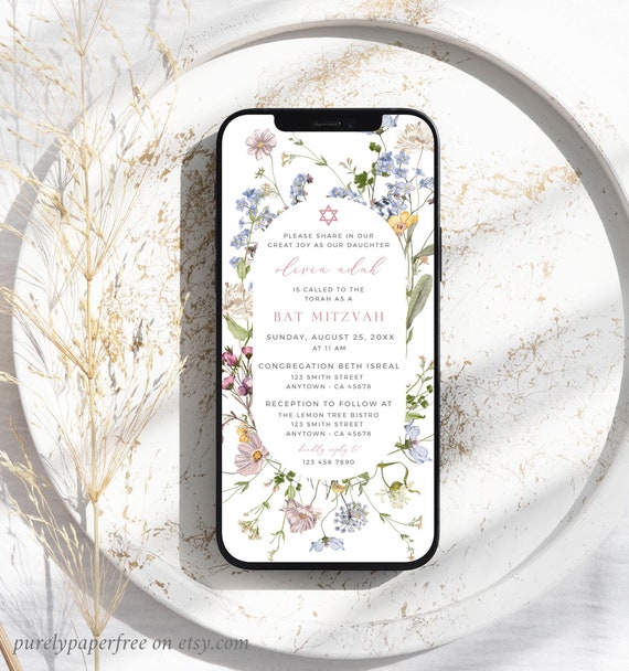 Electronic Bat Mitzvah Evite Wildflower Bat Mitzvah Invite Digital, Floral Bat Mitzvah Invitation Girl Text, Editable Evite Template, 07A