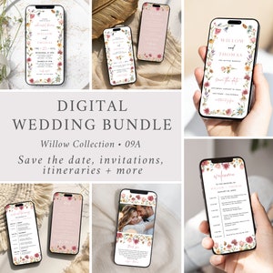 Könnte beinhalten: Ein digitales Hochzeitspaket mit floralem Thema. Das Paket beinhaltet Save-the-Dates, Einladungen, Reiserouten und mehr. Der Text "Willow Collection 09A" ist auf dem Bild zu sehen.