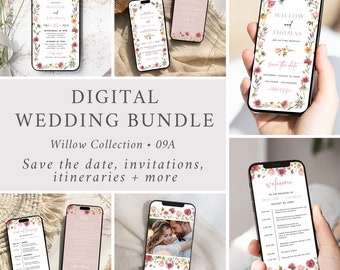 Puede incluir: Un paquete de boda digital con un tema floral. El paquete incluye tarjetas de guardar la fecha, invitaciones, itinerarios y más. El texto "Willow Collection 09A" se muestra en la imagen.