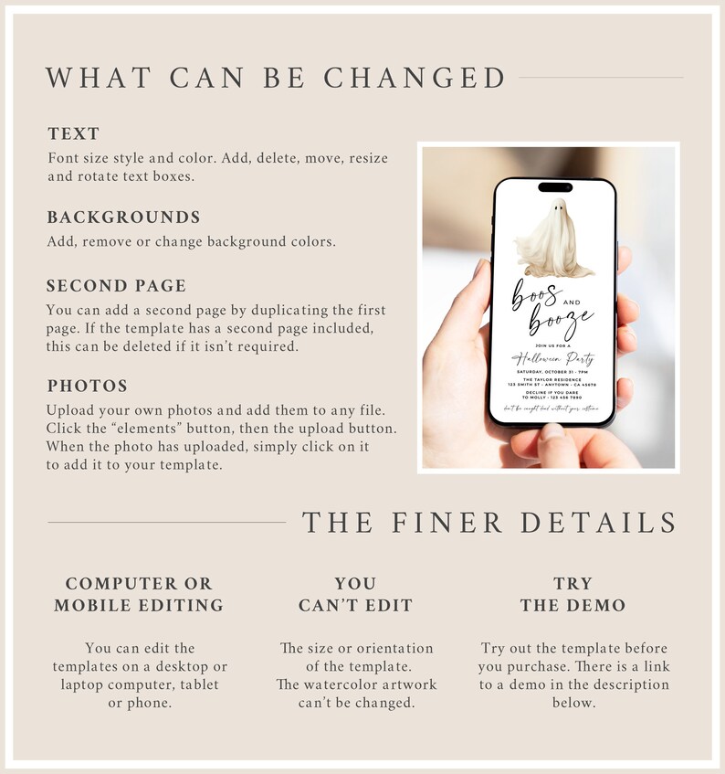 Pode incluir: Um smartphone exibe um convite para uma festa de Halloween com uma ilustra&ccedil;&atilde;o de fantasma e as palavras "boos and booze". O convite inclui detalhes do evento. A imagem faz parte de um modelo com texto, fundos e fotos edit&aacute;veis.