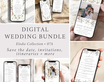 Paquete de invitación de boda con diseño floral silvestre para teléfono, conjunto de invitaciones de boda digitales, plantilla editable de invitación de boda floral, 07A