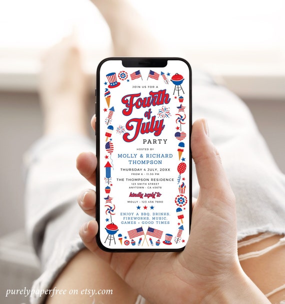 4th of July Invitation for Phone, Electronic 4th July BBQ Invite, Digital July 4th Evite, Independence Day Patriotic, Editable Template, F01