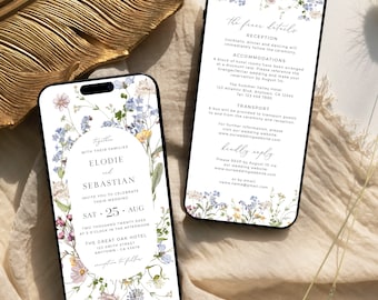 Digital Wedding Invitation Set by Text Wildflower Wedding Invitation Electronic Floral Wedding Details for Phone Editable Evite Template 07A