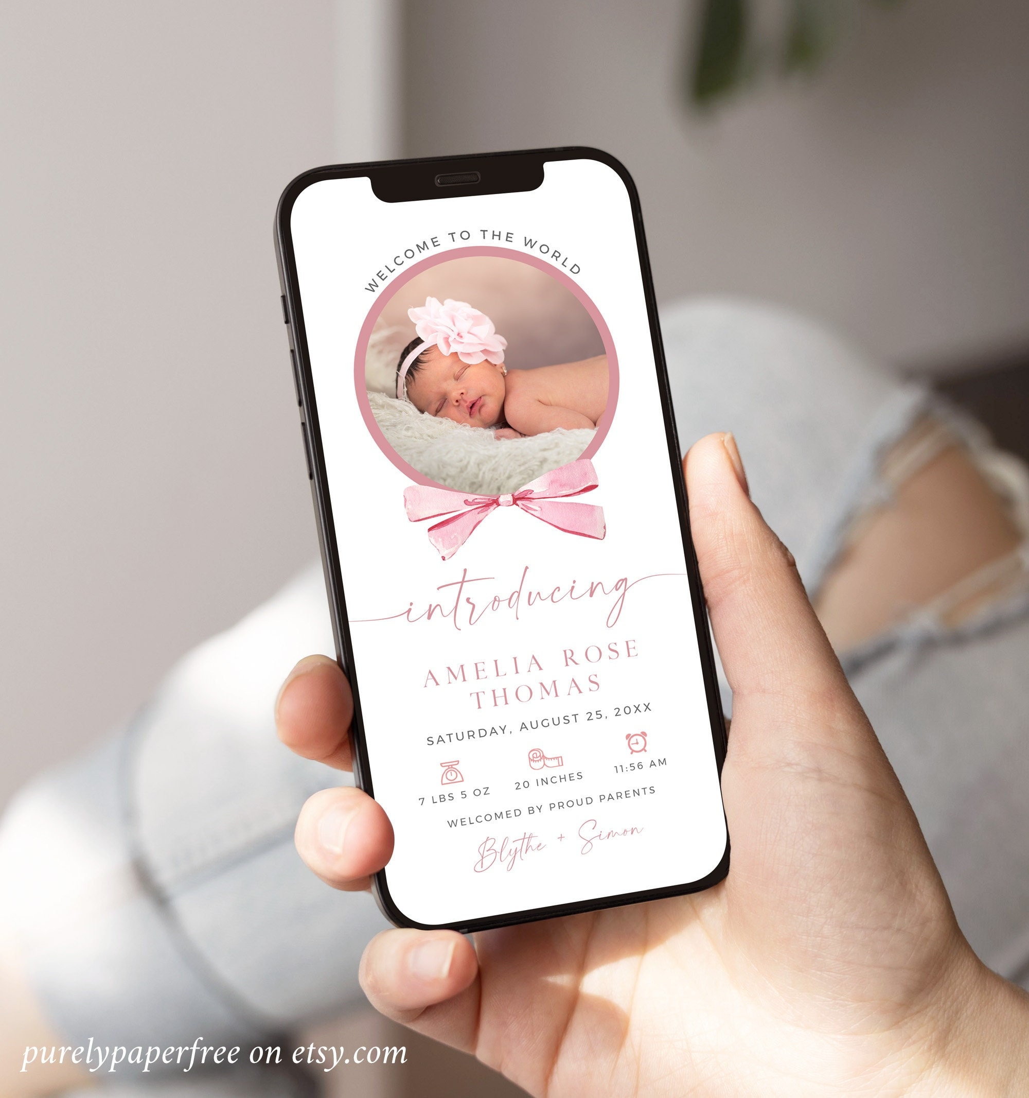 Pink Bow Birth Announcement Girl Electronic Newborn Announcement with Photo, Digital Newborn Baby Announcement Template, Editable Ecard, 44A
