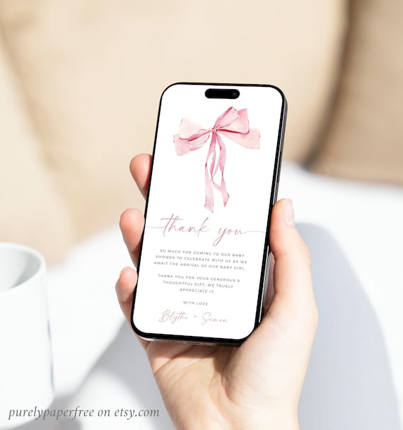 Pink Bow Baby Shower Thank You Card Digital Thank You Note Girl, Electronic Ribbon Thank You by Phone, Editable Thank You Ecard Template 44A