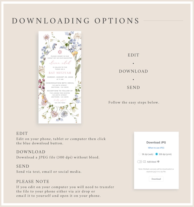 May include: A floral design Bat Mitzvah invitation with a pink and white floral border. The invitation includes the name "Livan Adal" and the date "Sunday, August 25, 20XX". The invitation also includes the text "Congregation Beth Israel" and "Reception to follow at The Lemon Tree Bistro".