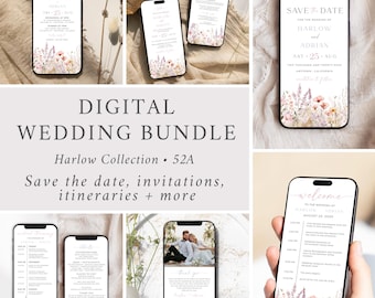 Puede incluir: Paquete de boda digital con un tema floral. El paquete incluye tarjetas de guardar la fecha, invitaciones, itinerarios y más. El texto "Harlow Collection 52A" se muestra en la imagen.