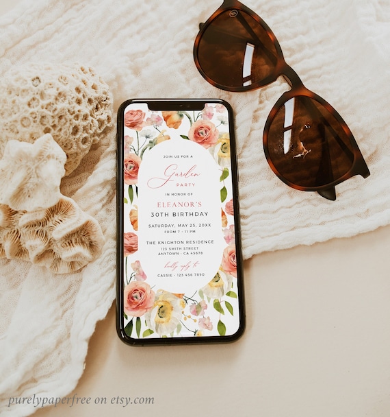 Digital Birthday Invitation Woman, Electronic Garden Party Invite with Flowers, Floral 30th 40th Birthday Evite Template, Peach Editable 25A