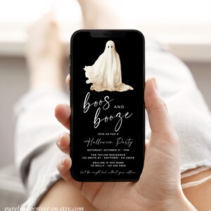 Ghost halloween party invitation for a phone. It features a spooky ghost, a black background and a modern font. Perfect for an adults halloween party.