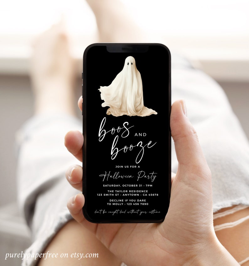 Ghost halloween party invitation for a phone. It features a spooky ghost, a black background and a modern font. Perfect for an adults halloween party.