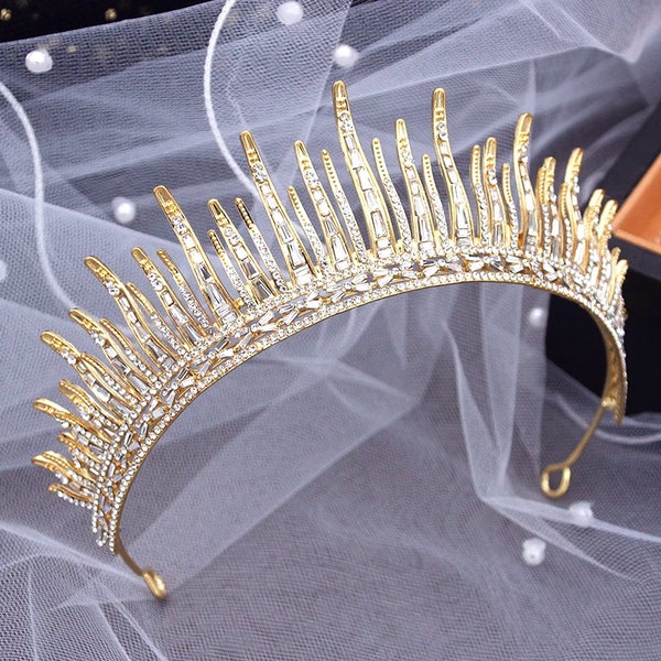 Crystal Sunburst Crown / Gold Silver Sun Tiara / Celestial Tiara / Pageant Crown / Celestial Queen Stars Rhinestone Tiara Crown / bride hair