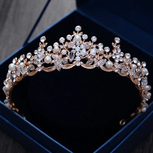 Royal Pearl Vintage tiara / Prom tiara / wedding Headpiece / Diadem tiara / Pearl Rhinestone crown / Rose Gold Crystal Princess Hair Tiaras