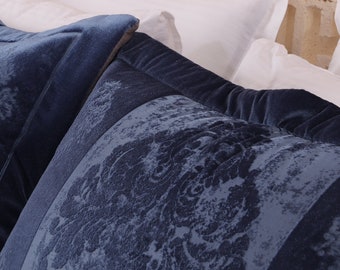 Copriletto per uso quotidiano realizzato in velluto lavorato a maglia blu, set copriletto matrimoniale, copriletto in velluto, set letto blu navy