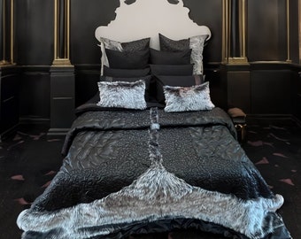 Leather Hand embroidered Embroidered grey fur ultra luxury 13 piece black bedspread set, black bedspread, leather fur bedspread.