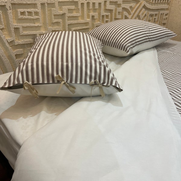 Set biancheria da letto in cotone lino rigato, 4 pezzi, 6 diverse opzioni Fantasie e set lenzuola copripiumino double face, singolo - matrimoniale