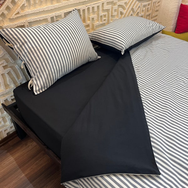 Natural and Black striped stonewashed linen Duvet cover/ Quilt Cover  set, 4-piece, 6 different options double sided