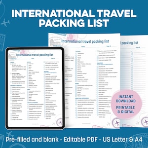 May include: A digital and printable international travel packing list. The list is displayed on a tablet and two sheets of paper. The text "International Travel Packing List" is at the top. The background is blue with travel-themed graphics.