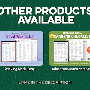 May include: Two printable checklists, one for travel packing and one for camping. The travel packing checklist is on a tablet screen and has a pink and blue colour scheme. The camping checklist is on a tablet screen and is black and white. Both checklists have the text "Pack It!" on them. The text "Printable & Digital" is at the top of each checklist. The text "Packing Made Easy!" is below the travel packing checklist. The text "Adventure-ready camping!" is below the camping checklist. The text "LINKS IN THE DESCRIPTION" is at the bottom of the image.