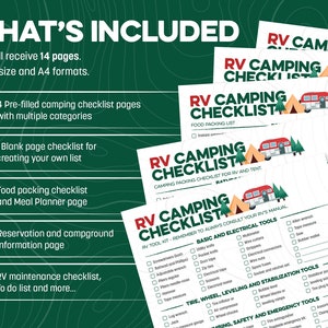 May include: A set of five checklists for RV camping, with a green background and colourful illustrations of RVs and tents. The checklists include pre-filled pages, a blank page for creating your own list, a food packing checklist, a reservation and campground information page, and an RV maintenance checklist.