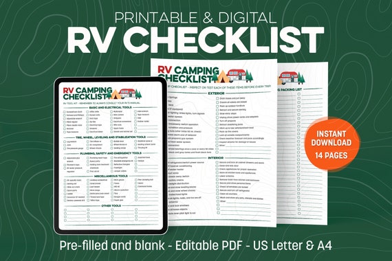 RV Camping Checklist Printable and Digital, Camp Planner/Packing, Personal, Dog, Meal Planner and Grocery List, Camper Maintenance