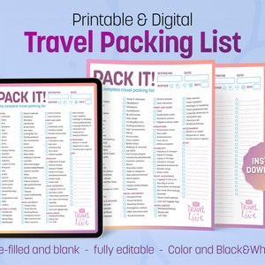 Packing checklist PRINTABLE, EDITABLE, Travel checklist, filled and blank, with travel info, meal planner and to-do list