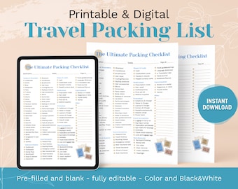 Editable Travel Packing Checklist: Itinerary, Meal Planner, To-Do List (Digital Download)
