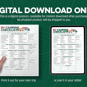 May include: A printable RV camping checklist with a green and brown colour scheme. The checklist includes categories for basic and electrical tools, tyre, wheel, levelling and stabilisation tools, plumbing, safety and emergency tools, miscellaneous tools, and other tools.