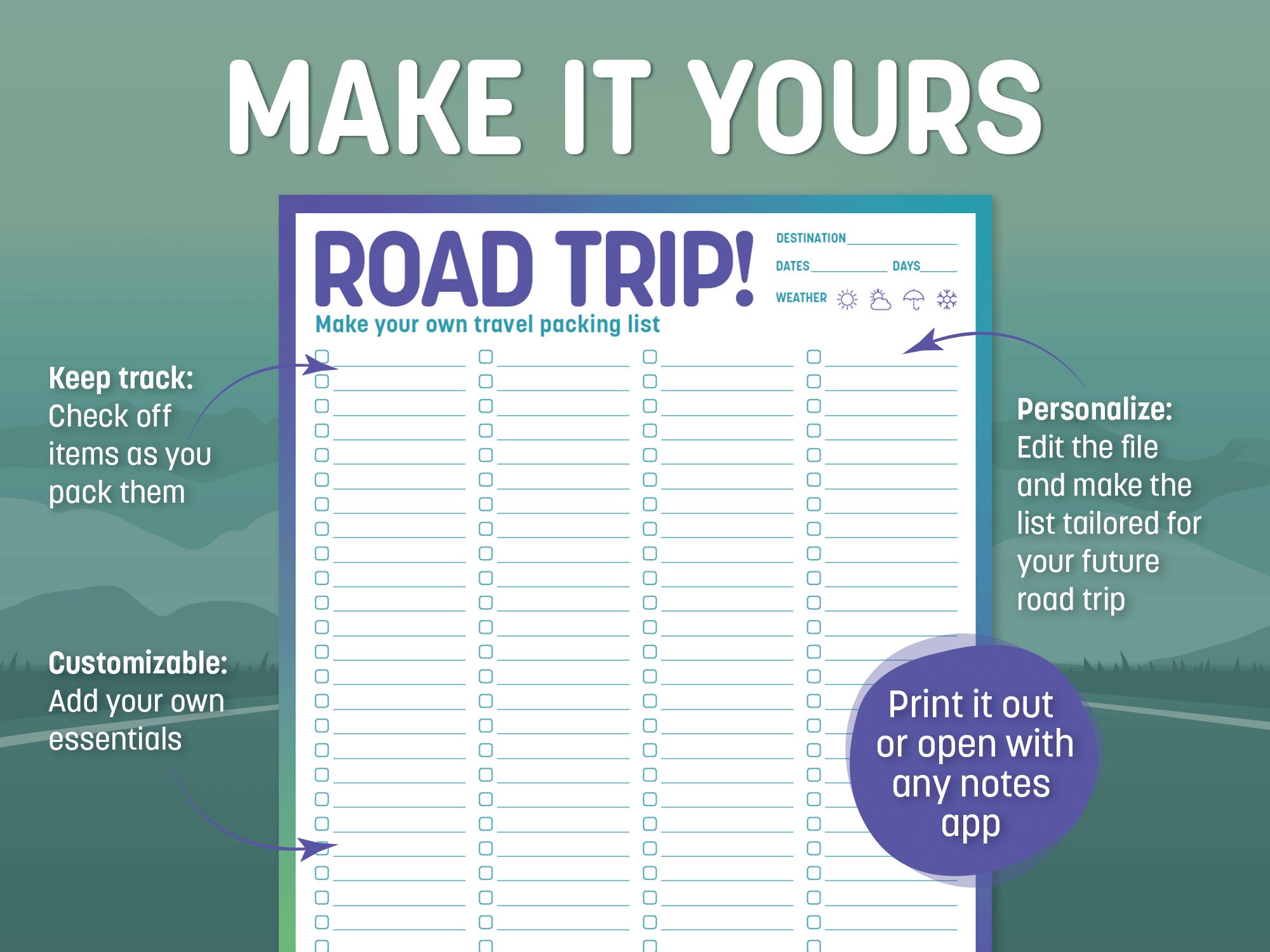 Road Trip Checklist Planner, Printable and Digital, Your Travel ...