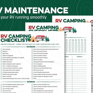 May include: A printable RV camping checklist with a green and white colour scheme. The checklist includes a pre-trip checklist with items to inspect or test before every trip, an exterior checklist, and an interior checklist. The checklist also includes a monthly calendar for tracking maintenance tasks.