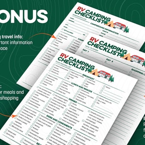 May include: A printable RV camping checklist with sections for campground information, meal planning, food packing, and a shopping list. The checklist is designed to help plan and organise a camping trip.
