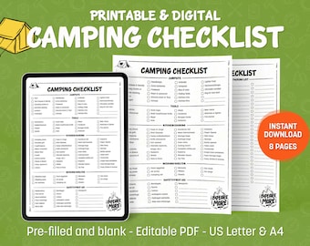 Camping Checklist Editable Printable, Camp Tent Packing List, Pre Filled and Blank pages, Food Packing, Meal Planner