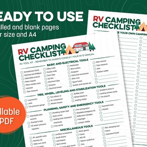 May include: A printable RV camping checklist with a green and white background. The checklist includes sections for basic and electrical tools, tyre, wheel, levelling and stabilisation tools, plumbing, safety and emergency tools, and miscellaneous tools. The checklist is ready to use and includes pre-filled and blank pages.
