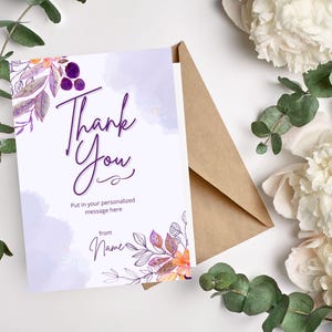 Modelo de cartão de agradecimento roxo editável – Canva Cartão de felicitações editável, imprimível e personalizável PDF