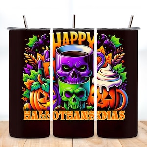 Happy Hallothanksmas Coffee 20oz Skinny Tumbler, Spooky Vibes, Fall Pumpkin Png, Thanksgiving Png, Christmas 20oz Tumbler PNG Sublimations
