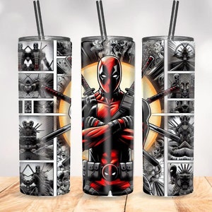 May include: Three stainless steel tumblers with black straws. Each tumbler features a different design of the Marvel Comics character Deadpool. The center tumbler has a large image of Deadpool with crossed swords. The other tumblers have comic book panels.