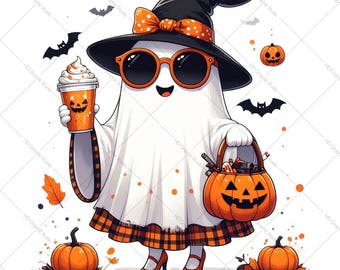 Cute Autumn Ghost Clipart | Witch Pumpkin PNG | Fall Spooky Season Halloween PNG | Ghost Pumpkin Coffee PNG | Halloween Shirt Sublimation