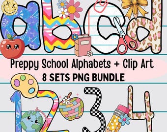 Preppy Back to School Alphabet PNG, School Doodle Alpha Font, Teacher Font Png, Hand-drawn Kids Letter, First Day of School, School Clip Art