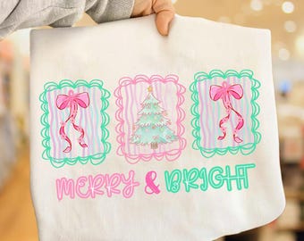 Floral preppy christmas tree bow png, merry & bright png, floral coquette png, preppy christmas png, pastel christmas png,merry christmas