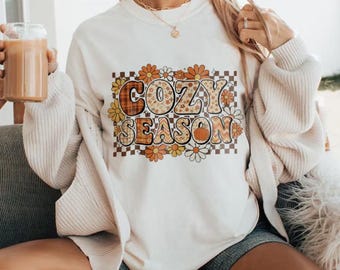 Cozy Season Retro Checkered  png, Fall Vibes Png, Fall Flower Sublimation Png, Preppy Fall Floral Png, Autumn Season Png, Fall Shirt Design