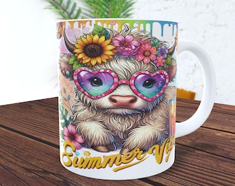Tazza estiva con mucca scozzese, design per stampa a sublimazione, modello per tazza da 11 e 15 once, modello per tazza estiva in formato PNG, download digitale