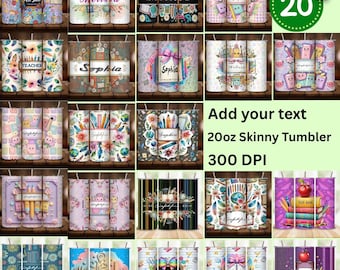 20+ Teacher Tumbler Wrap, Seamless Bundle PNG, Personalized Teacher School Sublimation, 20oz Skinny Tumbler, Teacher Appreciation Design PNG