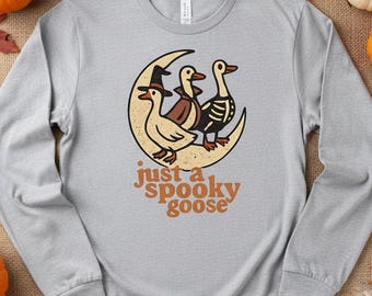 Just a Spooky Goose PNG | Crescent Moon Goose Trio Halloween Shirt Design | Cute Retro Doodle Goose Clipart | Funny Fall Sublimation PNG