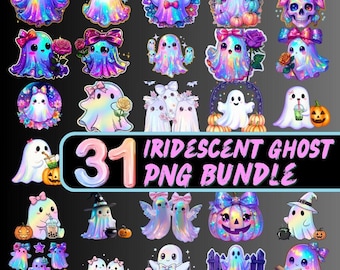 Schillernder Geist PNG Bundle: Retro Neon Halloween Grafiken (Digitaler Download)